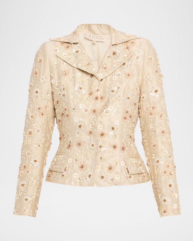 Floral Embroidered Single-Breasted Silk Blaz